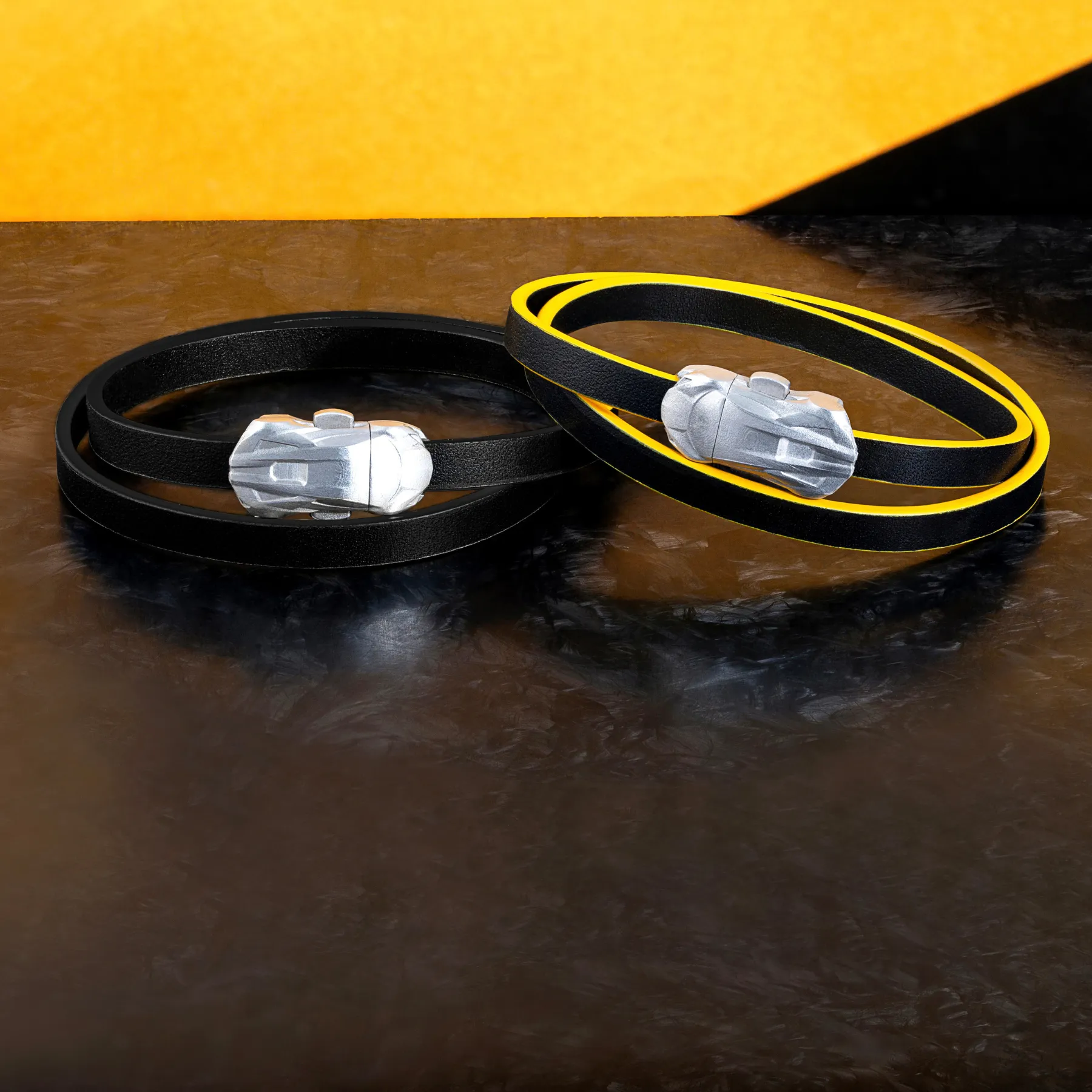 Automobili Lamborghini Double Wrap Leather Bracelet In Black with Rhodium Plated Silver sold by Tateossian product image thumbnail 2