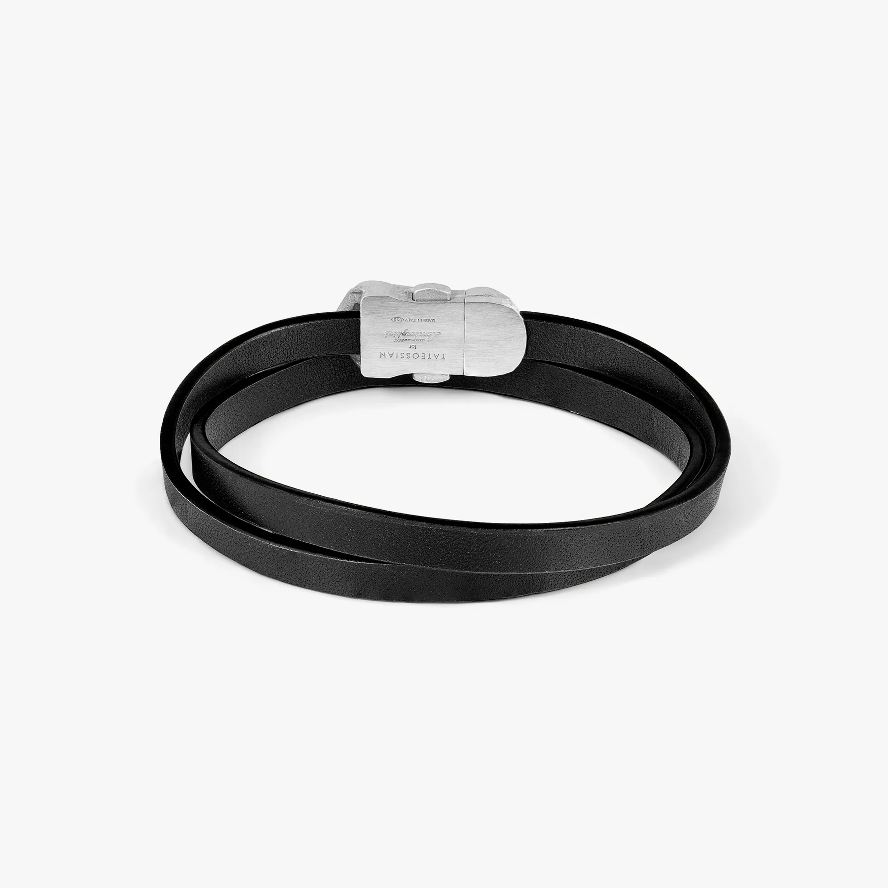 Automobili Lamborghini Double Wrap Leather Bracelet In Black with Rhodium Plated Silver sold by Tateossian product image thumbnail 3