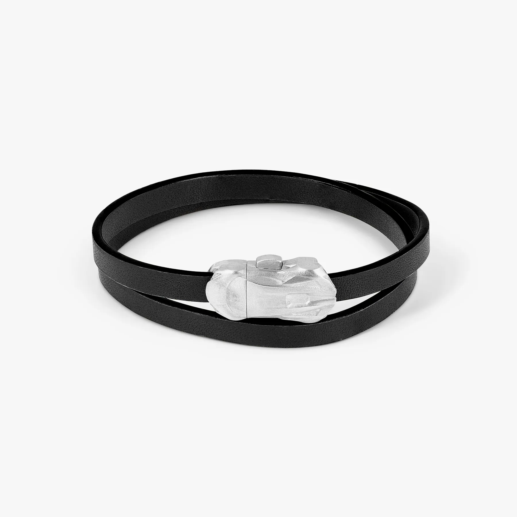 Automobili Lamborghini Double Wrap Leather Bracelet In Black with Rhodium Plated Silver sold by Tateossian