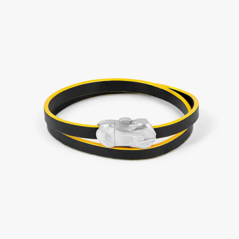 Automobili Lamborghini Double Wrap Leather Bracelet In Black & Yellow with Rhodium Plated Silver sold by Tateossian