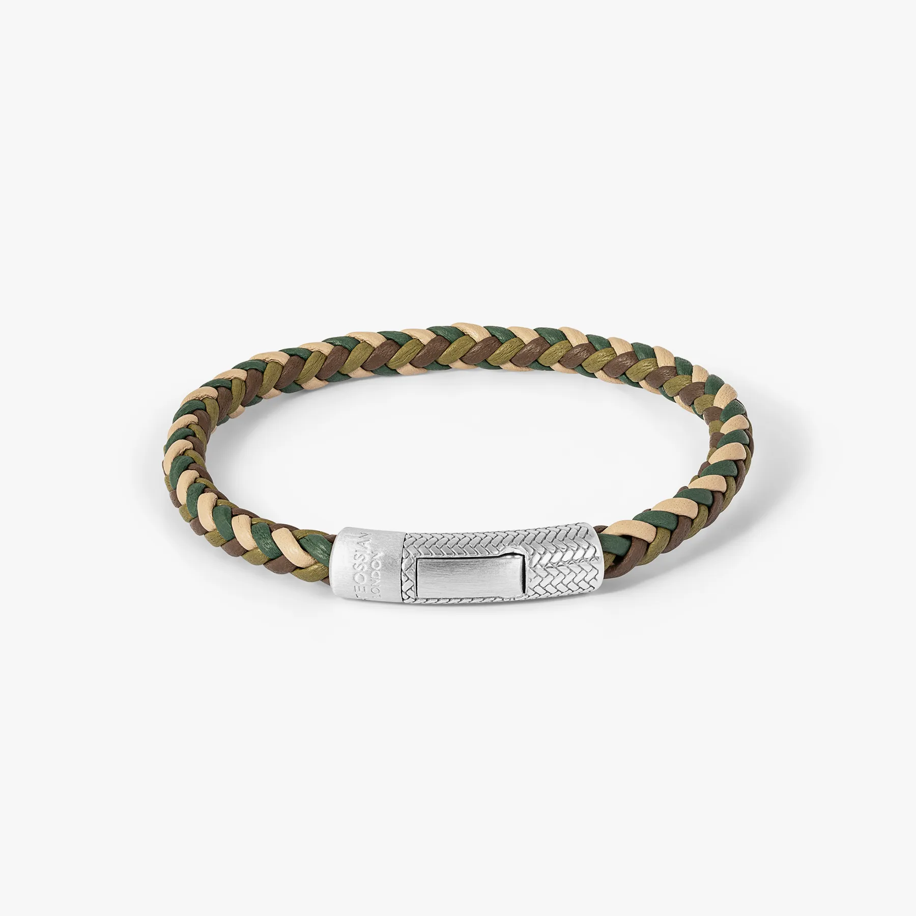 Herringbone Click Multi Pelle Bracelet In Rhodium Plated Sterling Silver With Khaki Leather sold by Tateossian