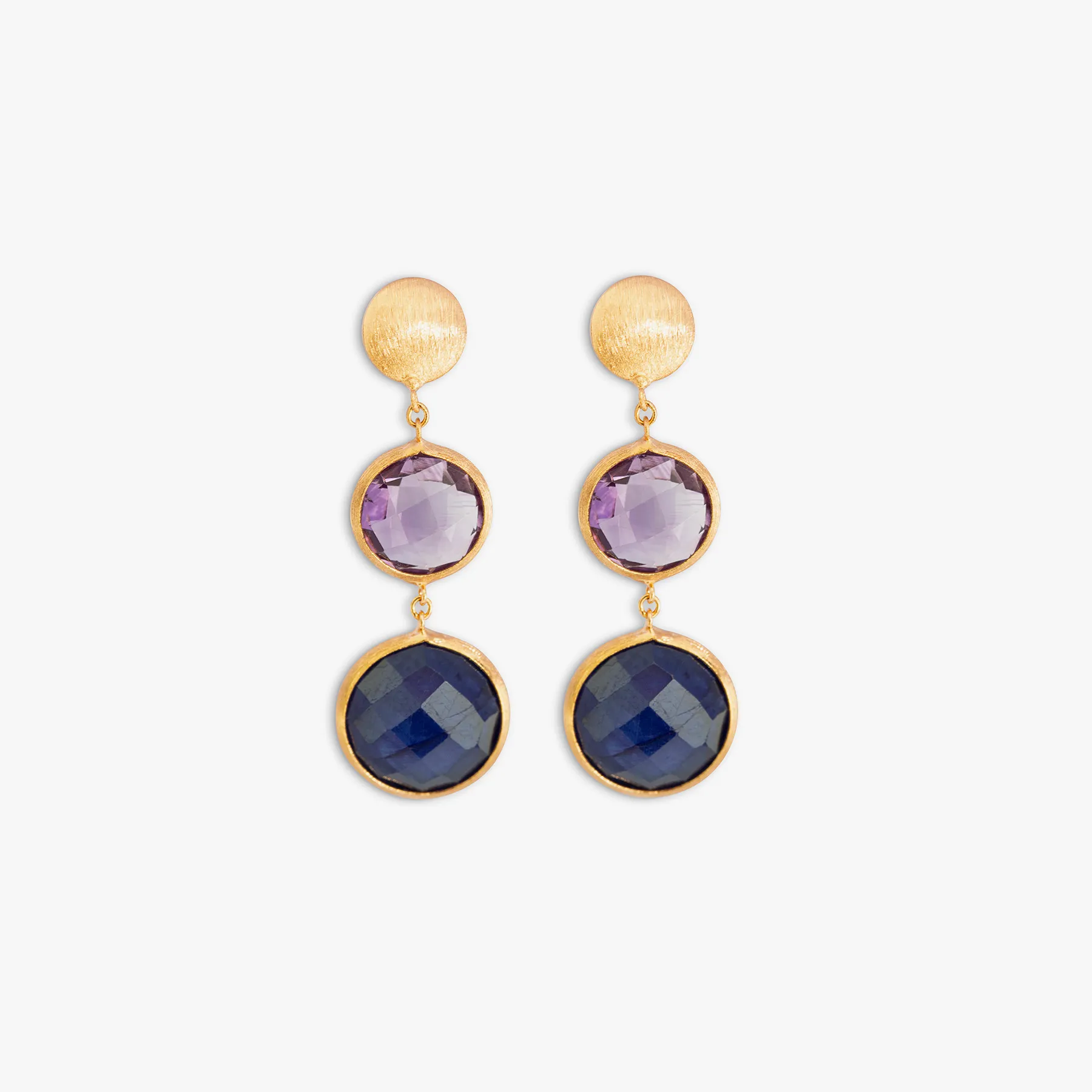 Kensington Double Drop Earrings In 14K Satin Rose Gold with Sapphire and Amethyst sold by Tateossian