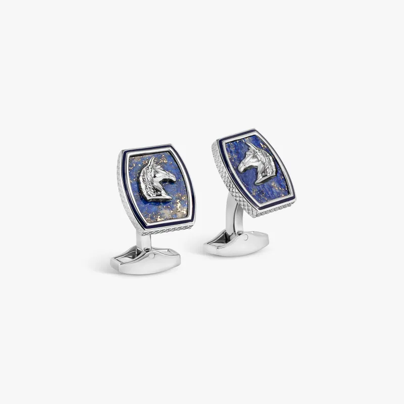Tonneau Ascot Horse Cufflinks In Palladium Plated Base Metal With Lapis sold by Tateossian