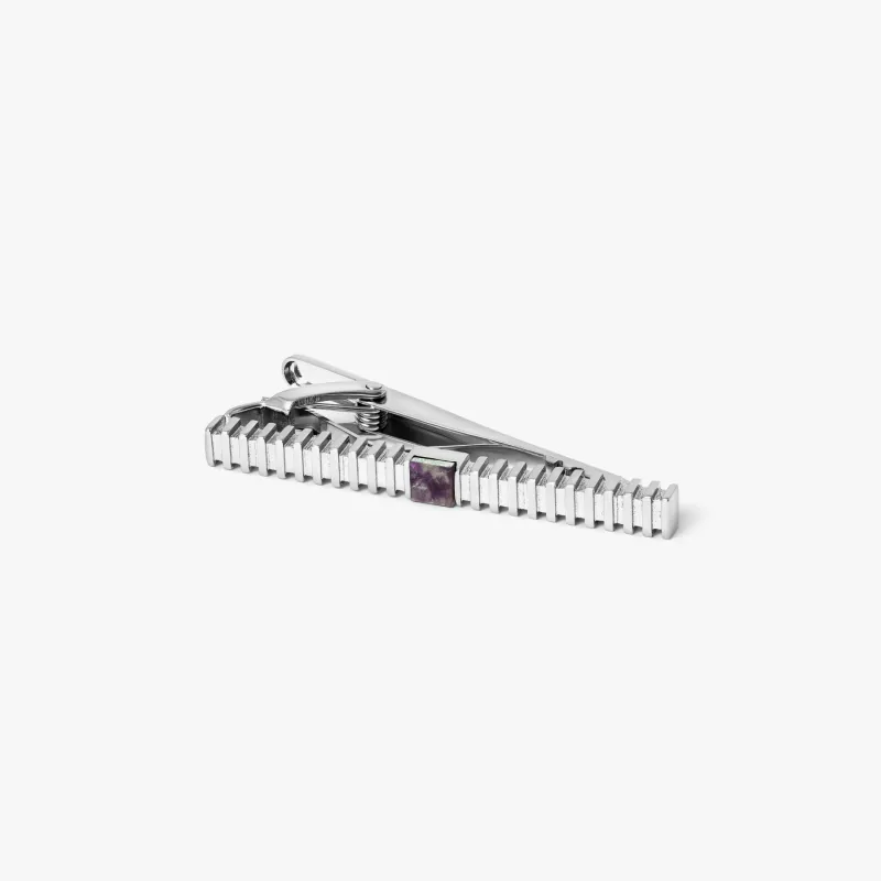 THOMPSON Stripe Grille Tie Clip in Palladium Plated with Amethyst sold by Tateossian