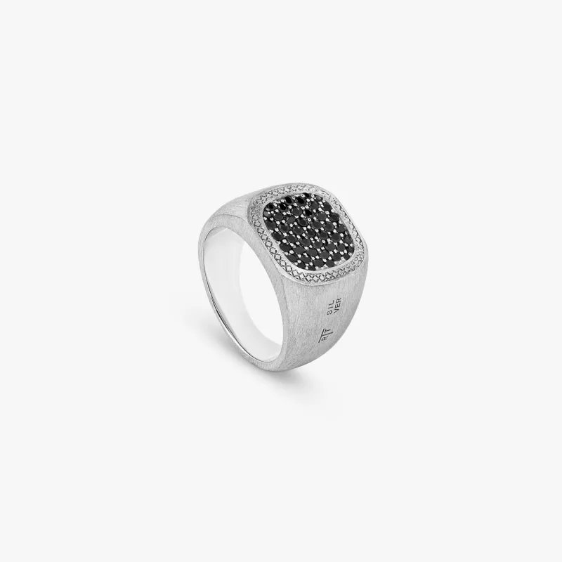 Pave Signet Ring In Silver & Black Spinel sold by Tateossian