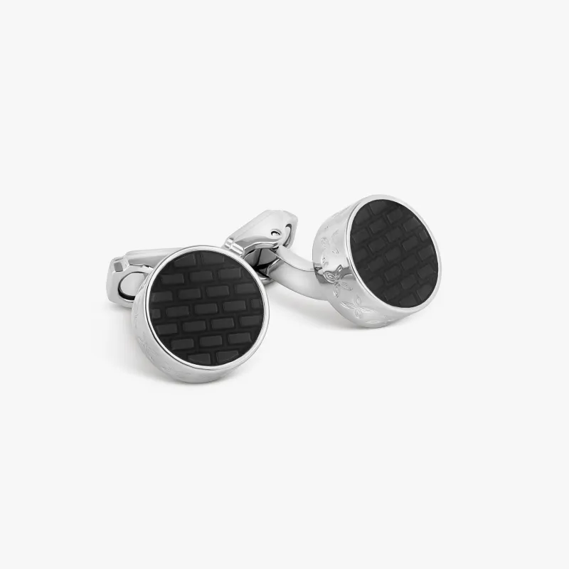 THOMPSON Brick Cufflinks In Rhodium plated Base Metal With Black Enamel made by Tateossian
