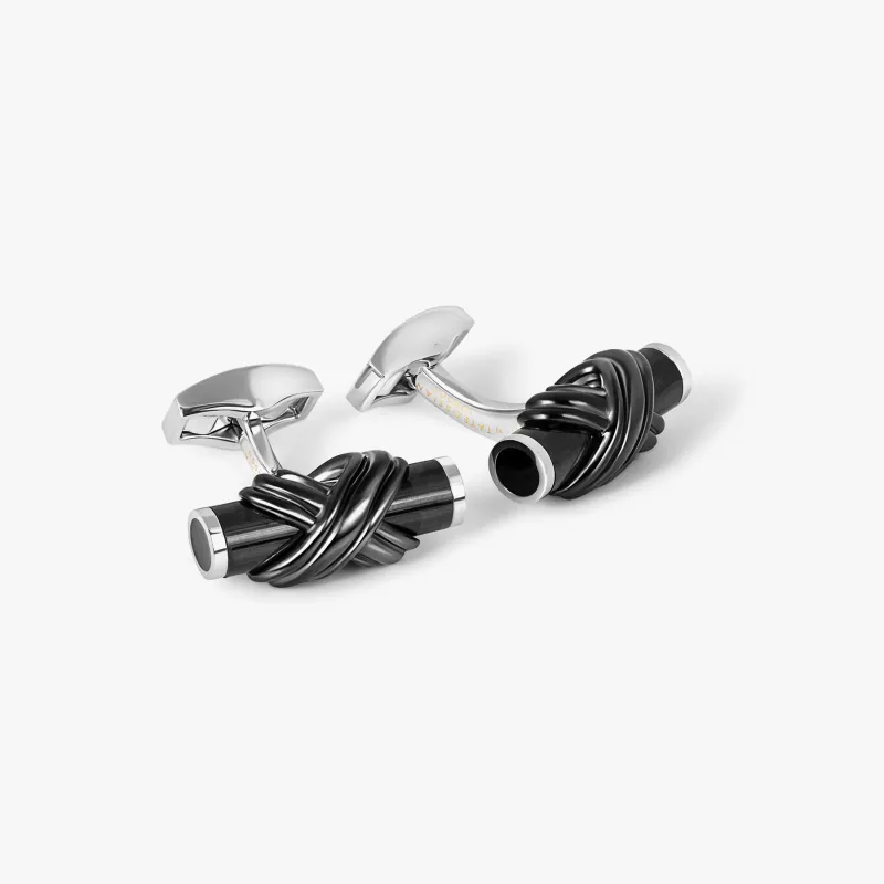 Carbon Infinity Talisman Cufflinks In Palladium Plated Base Metal With Black Carbon Fibre sold by Tateossian