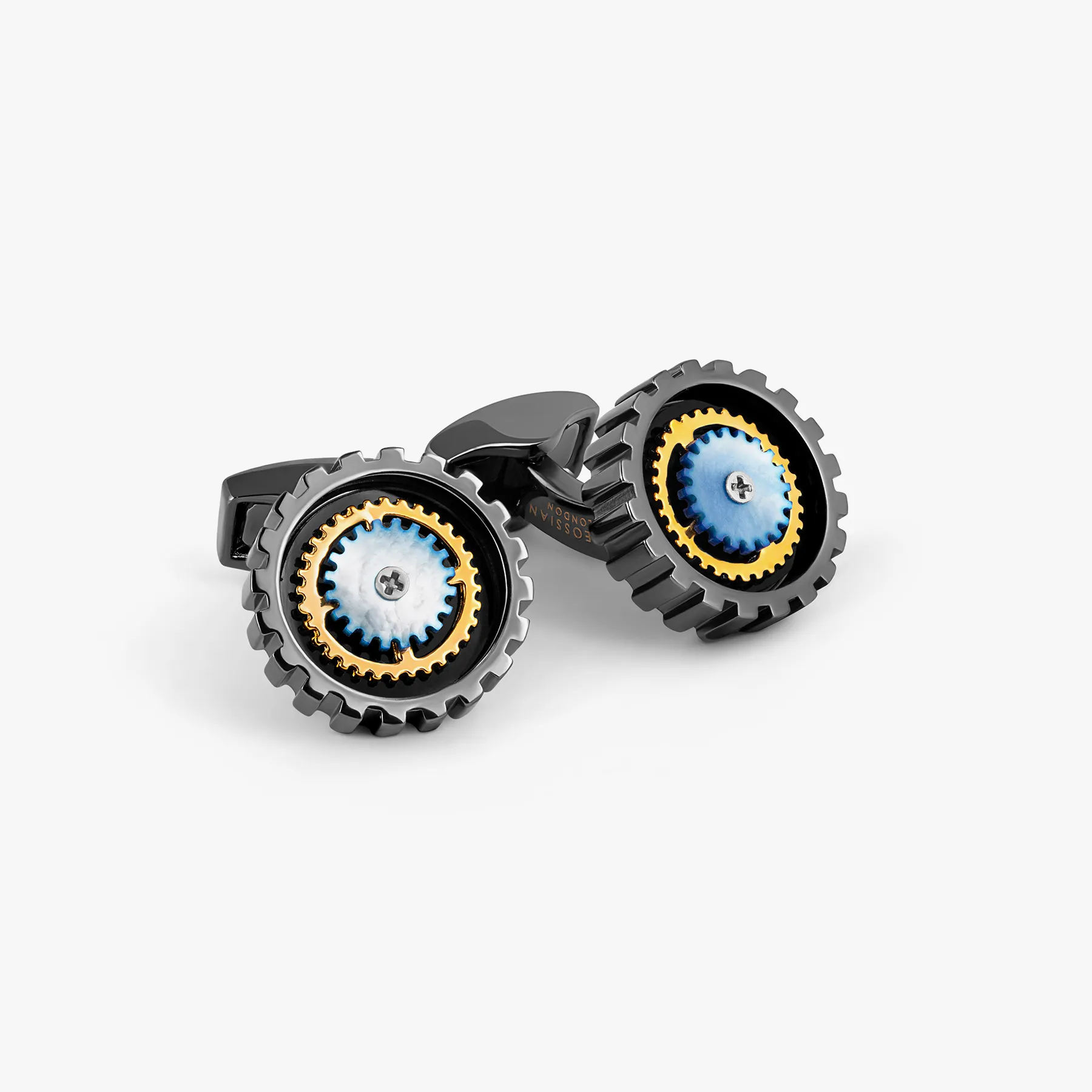 Rotare Gear Cufflinks In Gunmetal Plated Base Metal With Blue Mother Of Pearl sold by Tateossian