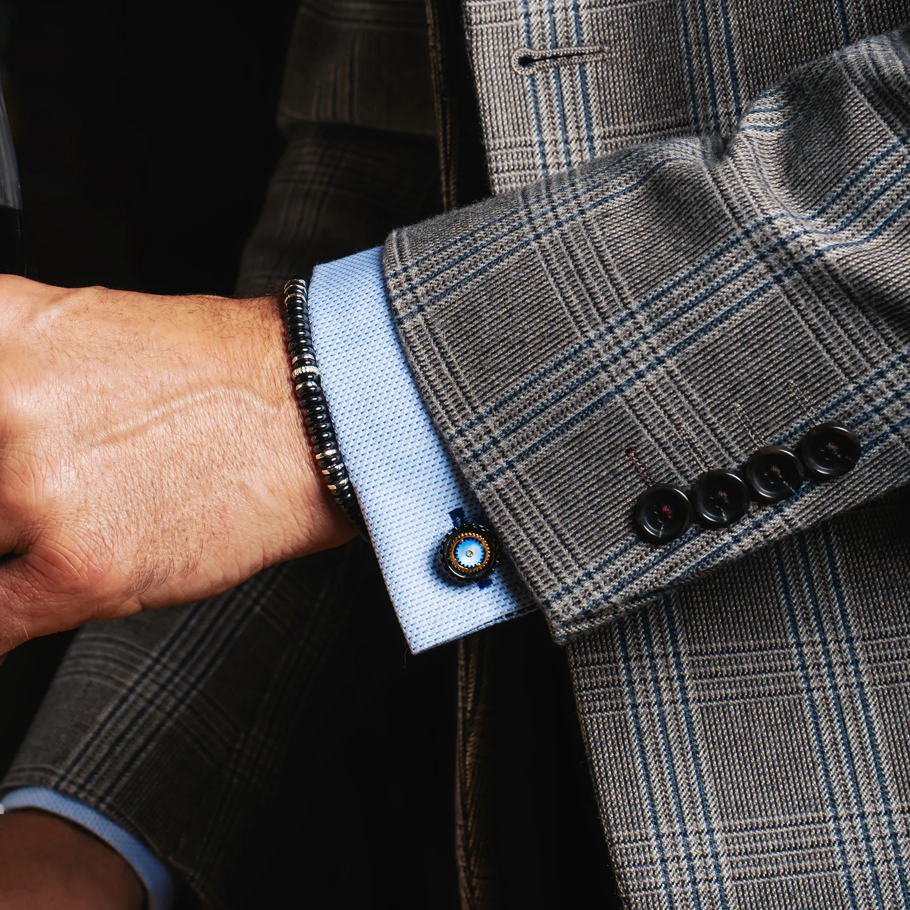 Rotare Gear Cufflinks In Gunmetal Plated Base Metal With Blue Mother Of Pearl sold by Tateossian product image thumbnail 2