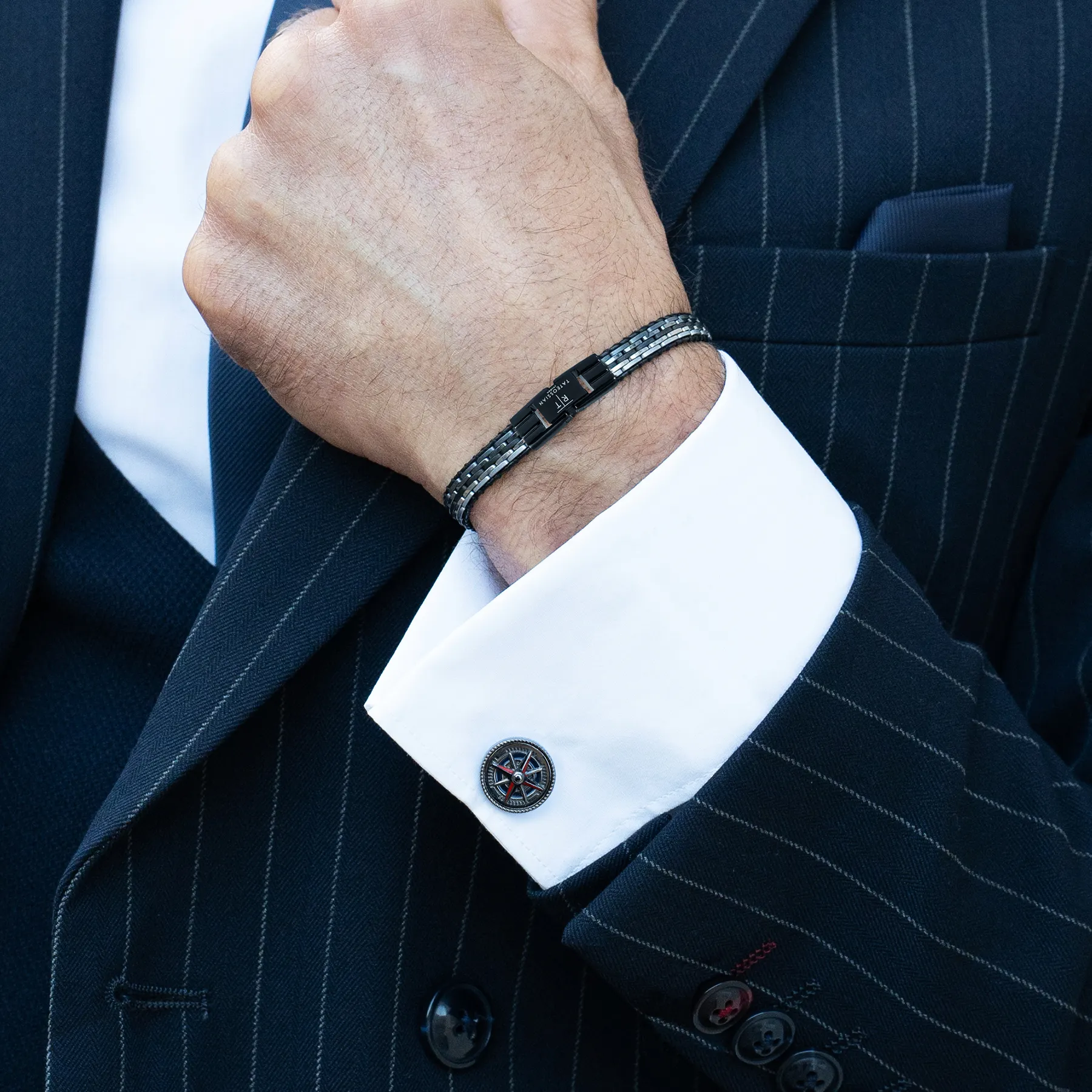 Marine Compass Cufflinks In Palladium Plated Base Metal With Navy Enamel sold by Tateossian product image thumbnail 2