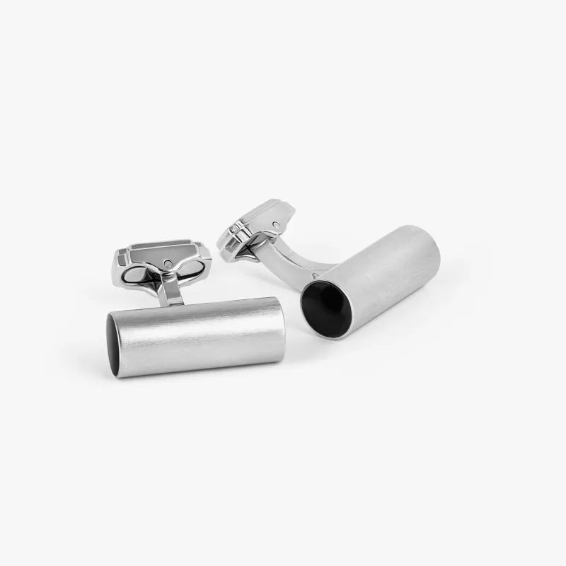 THOMPSON Cylinder Cufflinks In White Bronze plated Base Metal With Black Enamel sold by Tateossian