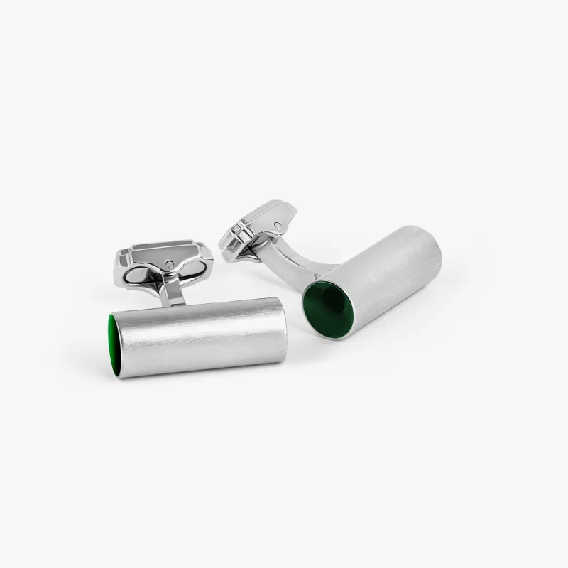 THOMPSON Cylinder Cufflinks In White Bronze plated Base Metal With Green Enamel sold by Tateossian