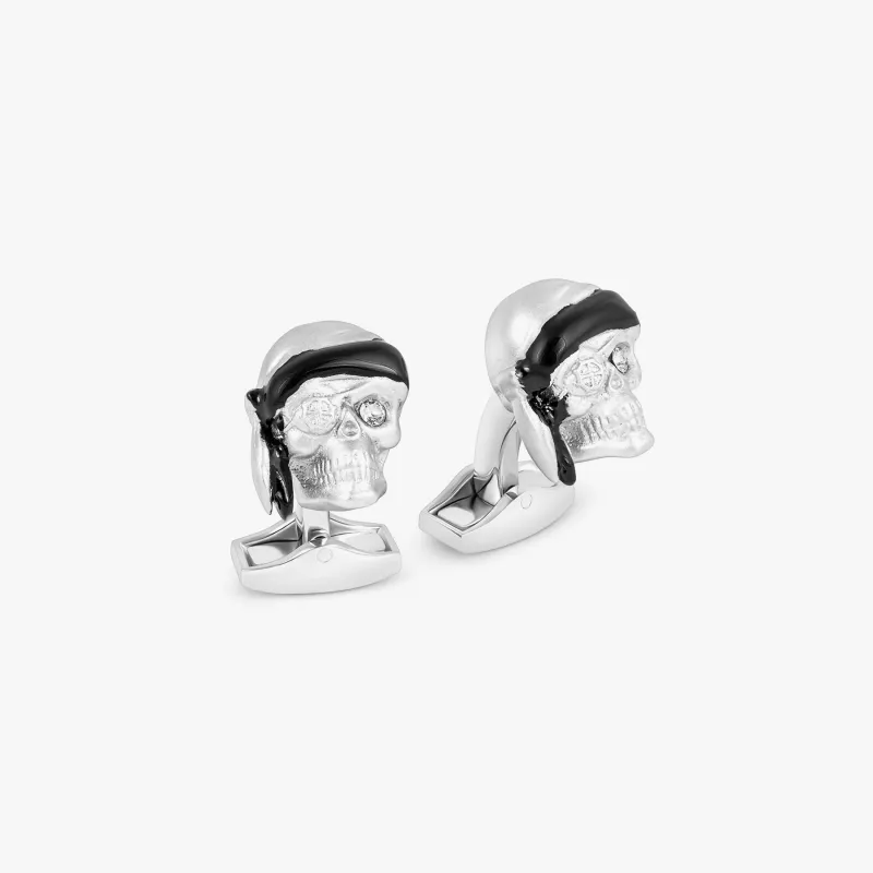 Pirate Skull Cufflinks In Palladium Plated Base Metal With Clear Crystal sold by Tateossian