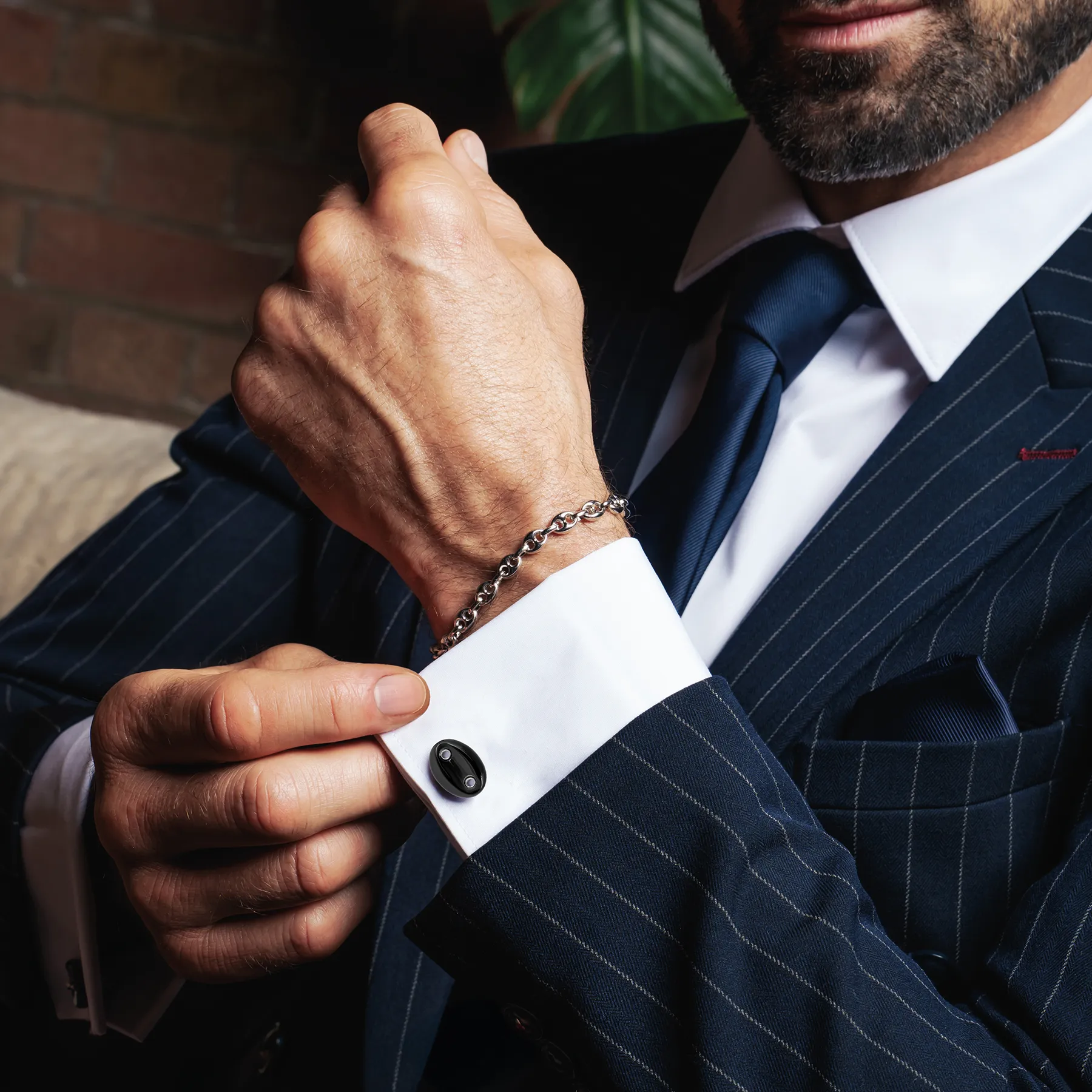 Marine Link Cufflinks In Rhodium Plated Sterling Silver With Onyx sold by Tateossian product image thumbnail 2