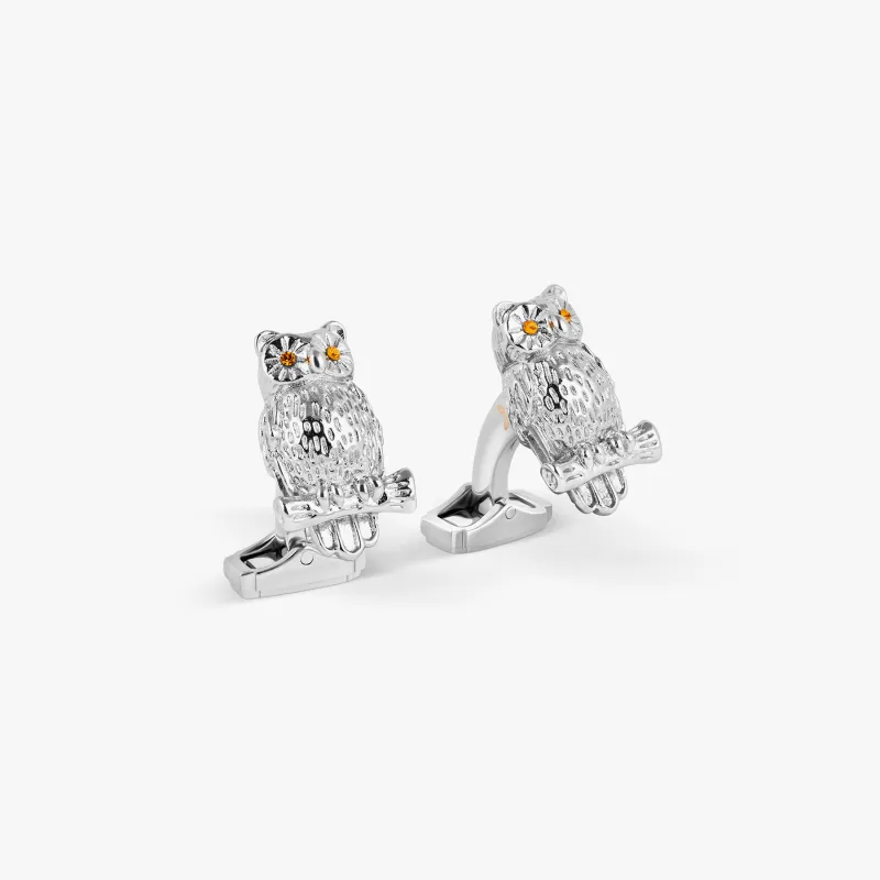 THOMPSON Owl Cufflinks In Palladium plated Base Metal With Orange Crystal sold by Tateossian