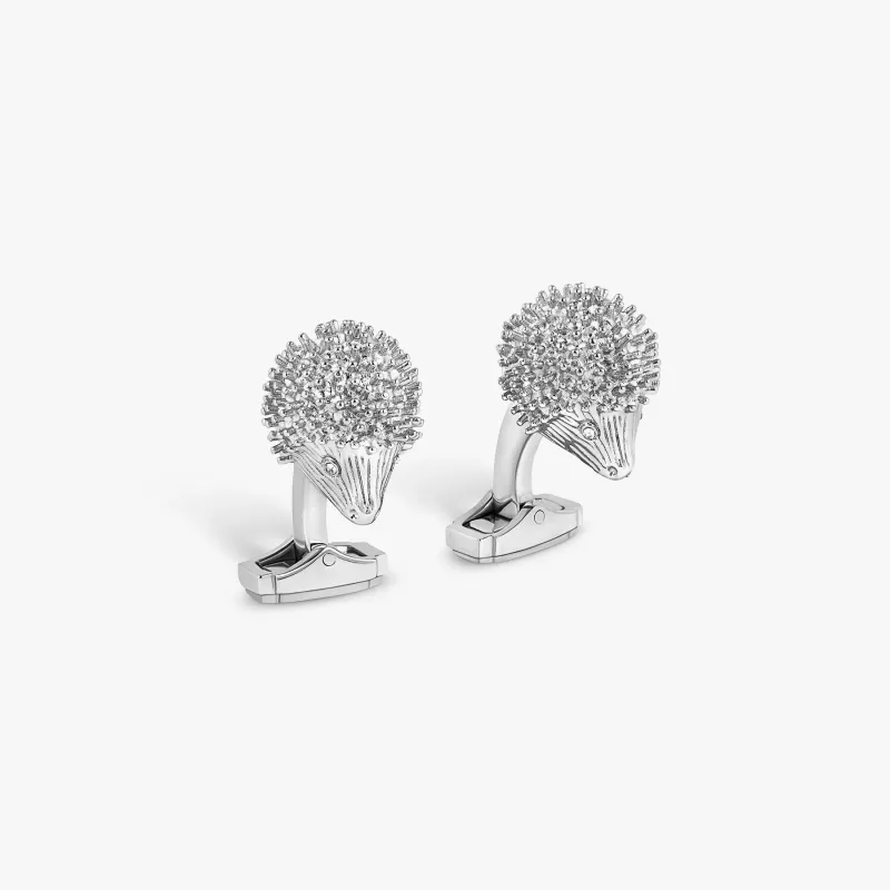 THOMPSON Hedgehog Cufflinks In Palladium plated Base Metal With White Crystal sold by Tateossian