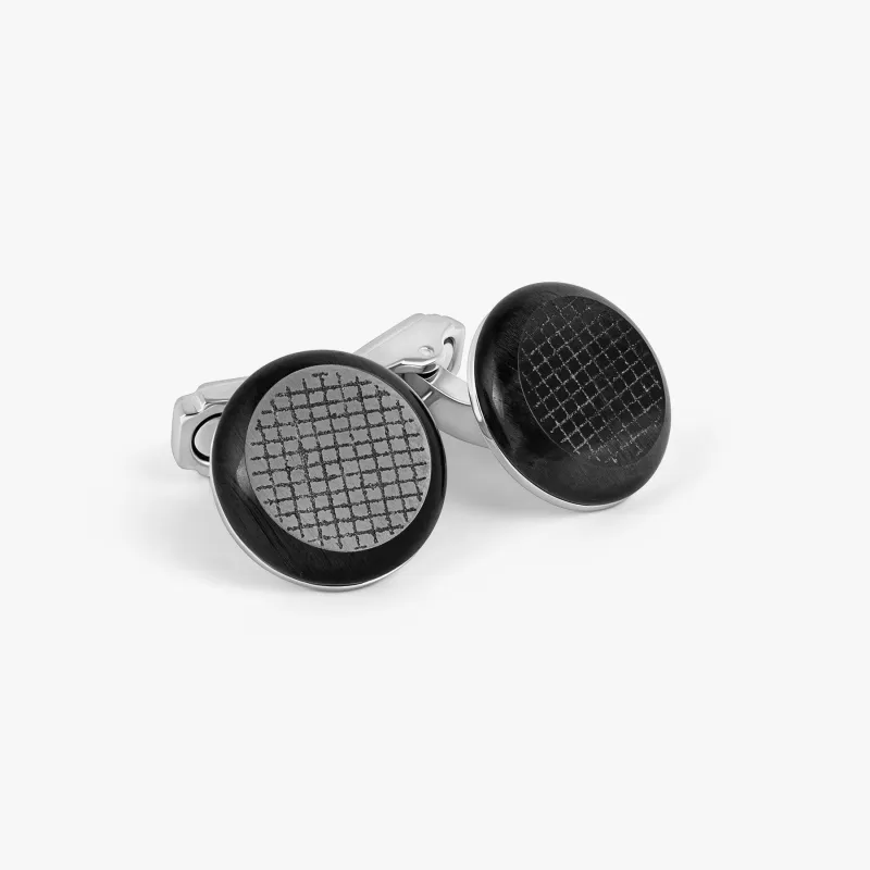 THOMPSON Woven Round Cufflinks In White Bronze plated Base Metal With Onyx sold by Tateossian