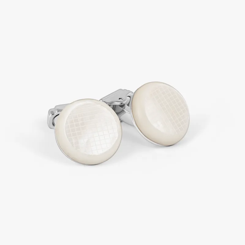 THOMPSON Woven Round Cufflinks In White Bronze plated Base Metal With White Mother Of Pearl sold by Tateossian