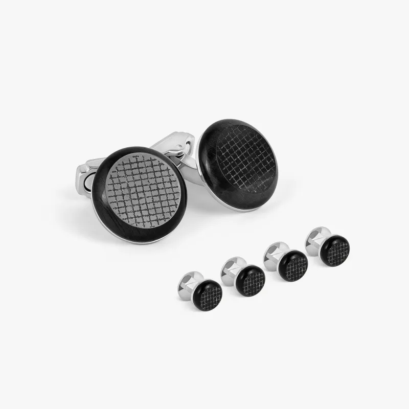 THOMPSON Woven Round Cufflink Stud Set In White Bronze plated Base Metal With Onyx sold by Tateossian