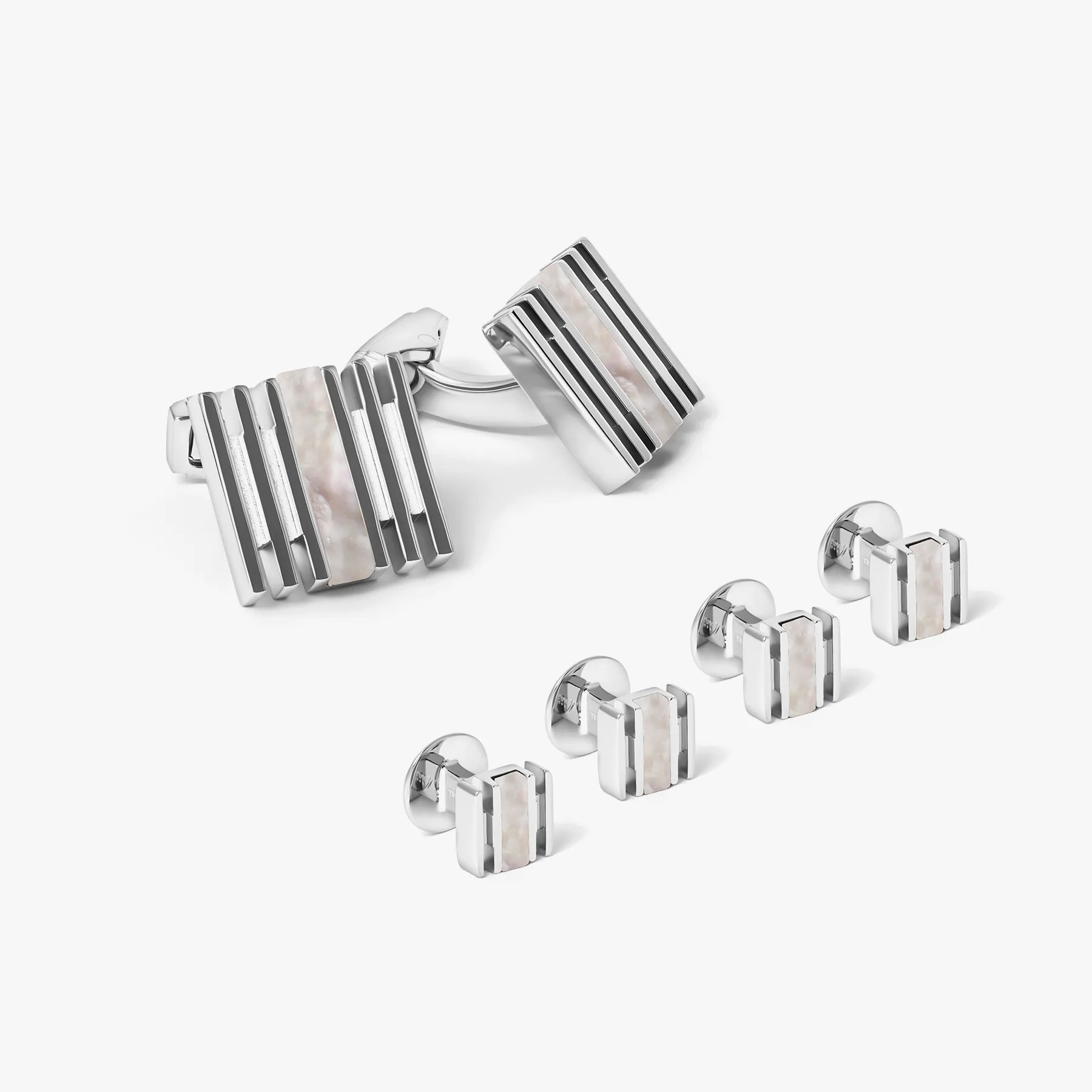 THOMPSON Summer Stripes Cufflink Stud Set In Palladium plated Base Metal With White Mother Of Pearl sold by Tateossian