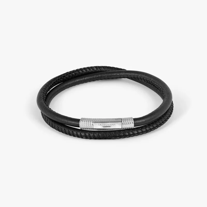Giza Click Stitch Pelle Bracelet in Rhodium and Black Leather sold by Tateossian