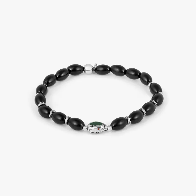Viper Bracelet In Rhodium Plated Silver and Black Agate sold by Tateossian