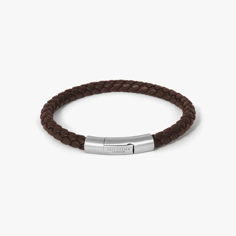 Charles Click Pelle Bracelet In Rhodium & Brown Leather sold by Tateossian