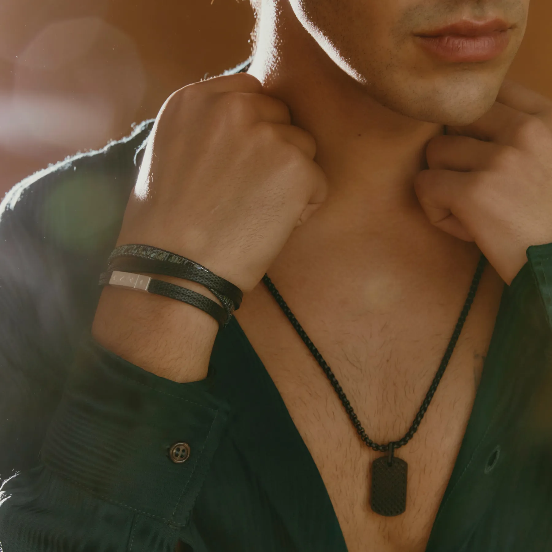 Mosaic Bracelet In IP Black Plated With Dark Green Glass Beads sold by Tateossian product image thumbnail 5