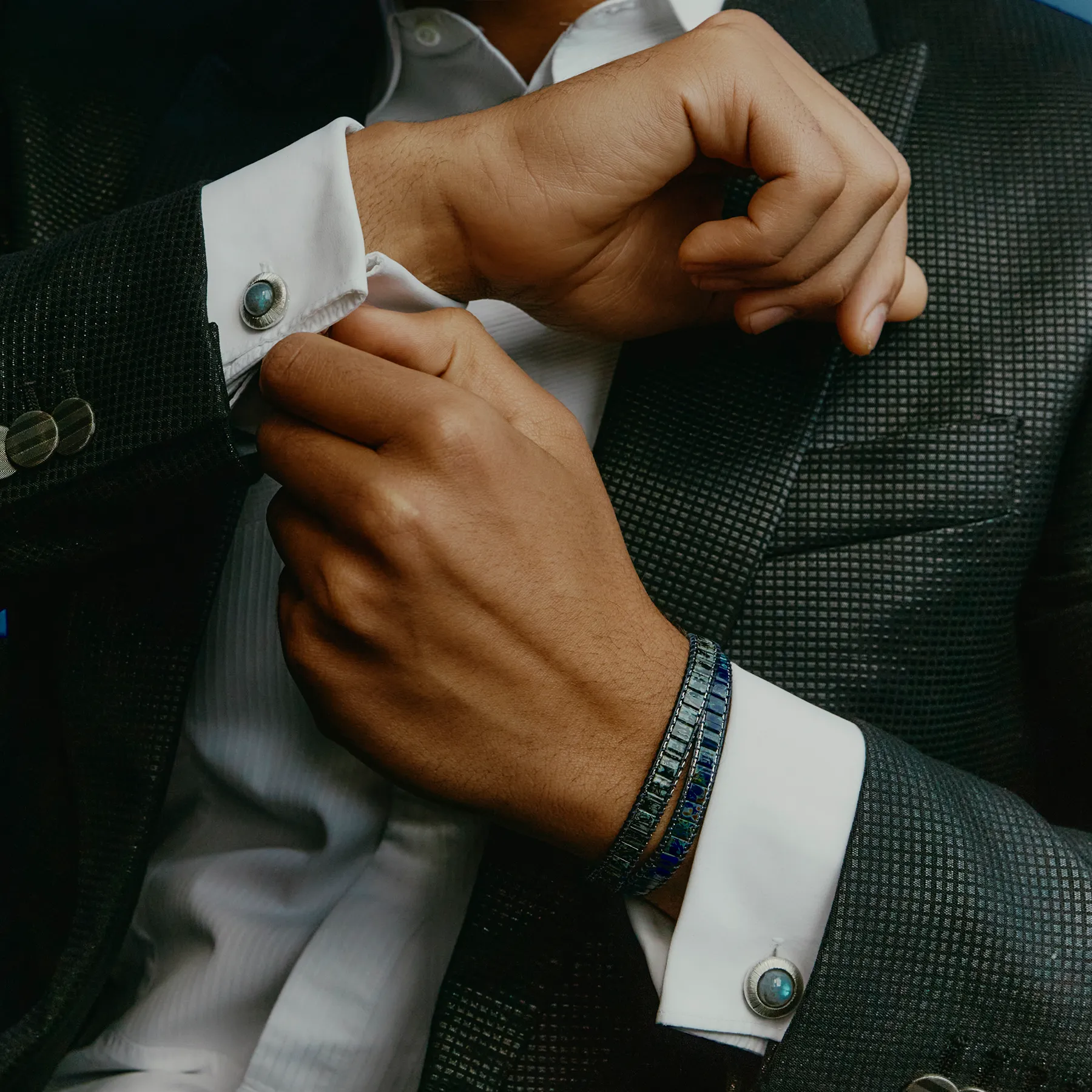 Mosaic Bracelet In IP Black Plated With Dark Green Glass Beads sold by Tateossian product image thumbnail 2