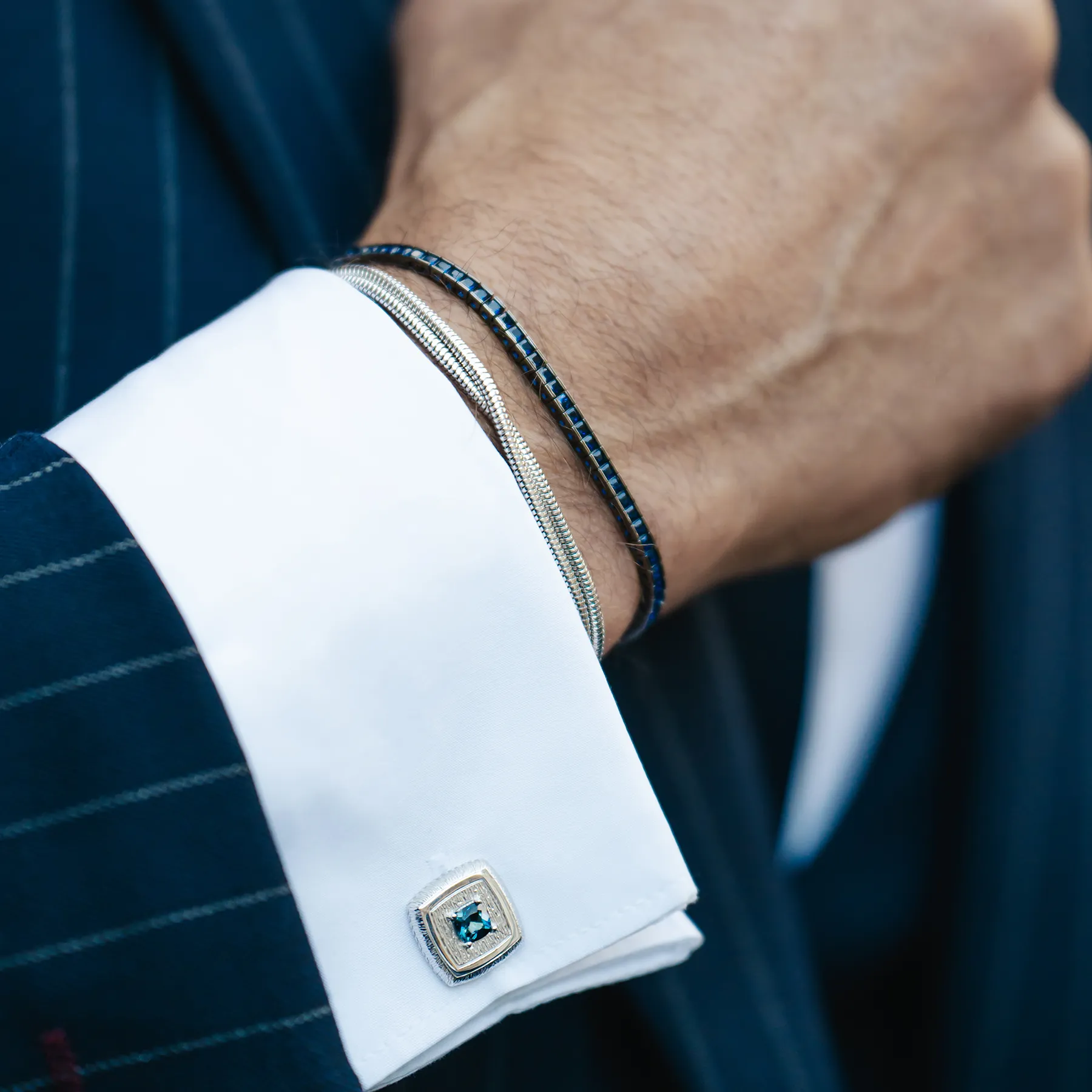 Quadro Tennis Semi-Precious Bracelet In Black Rhodium Plated Sterling Silver With Blue Spinel sold by Tateossian product image thumbnail 3