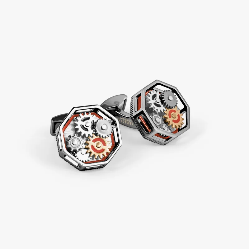 Octo Gear Cufflinks In Gunmetal Plated Base Metal With Red Enamel sold by Tateossian