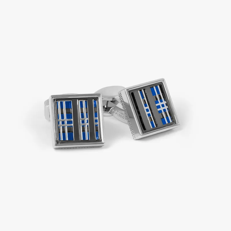 Prince of Wales Tweed Cufflinks In Gunmetal Plated Base Metal With Blue Enamel sold by Tateossian