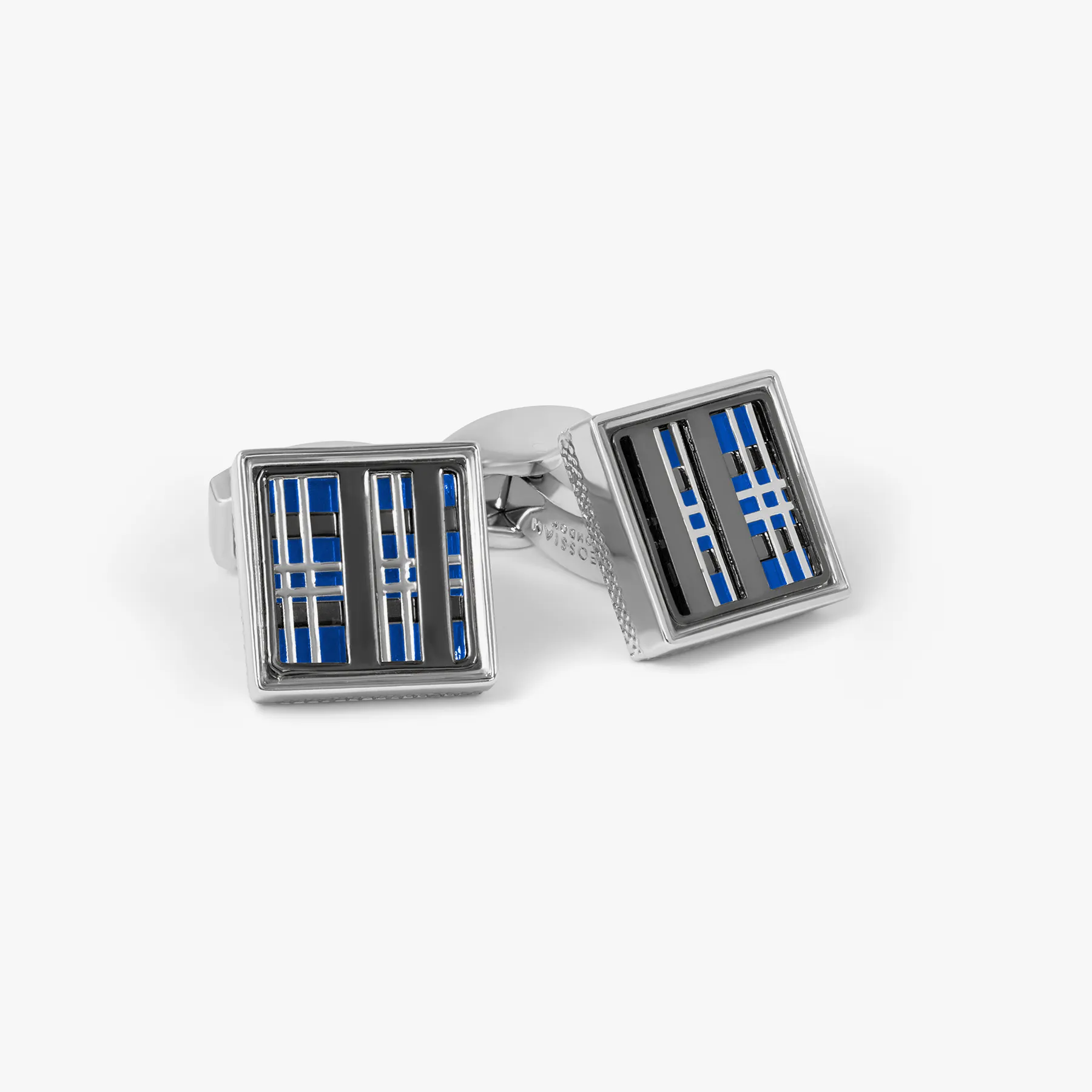 Prince of Wales Tweed Cufflinks In Gunmetal Plated Base Metal With Blue Enamel sold by Tateossian
