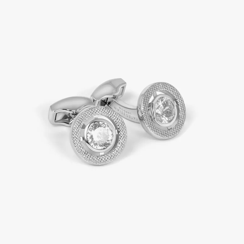 Halo round Cubic Zirconia Cufflinks In Rhodium Plated sold by Tateossian