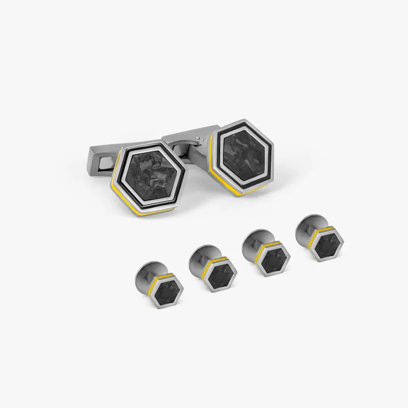 Automobili Lamborghini Hex Cufflinks & Shirt Studs In Titanium With Yellow and Black Enamel made by Tateossian