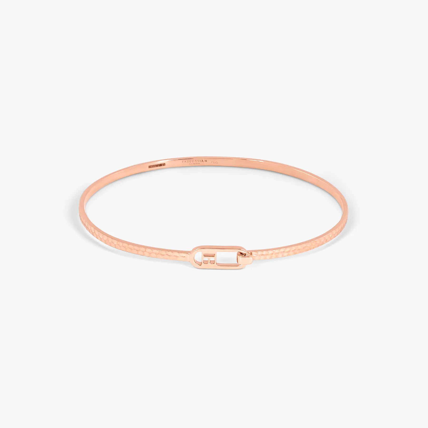 T-bangle in hammered 18k rose gold sold by Tateossian