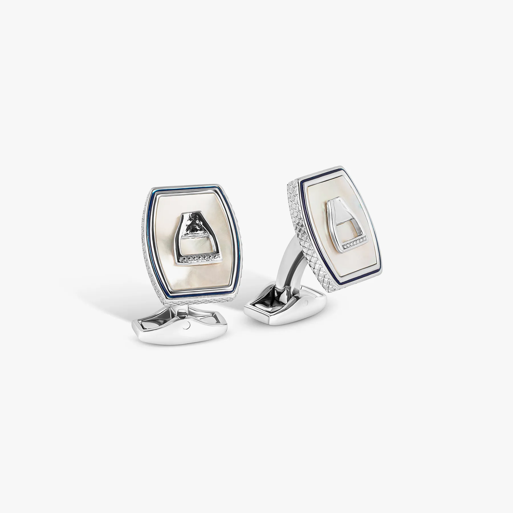 Ascot Stirrup Cufflinks in Palladium plated & White Mother of Pearl sold by Tateossian
