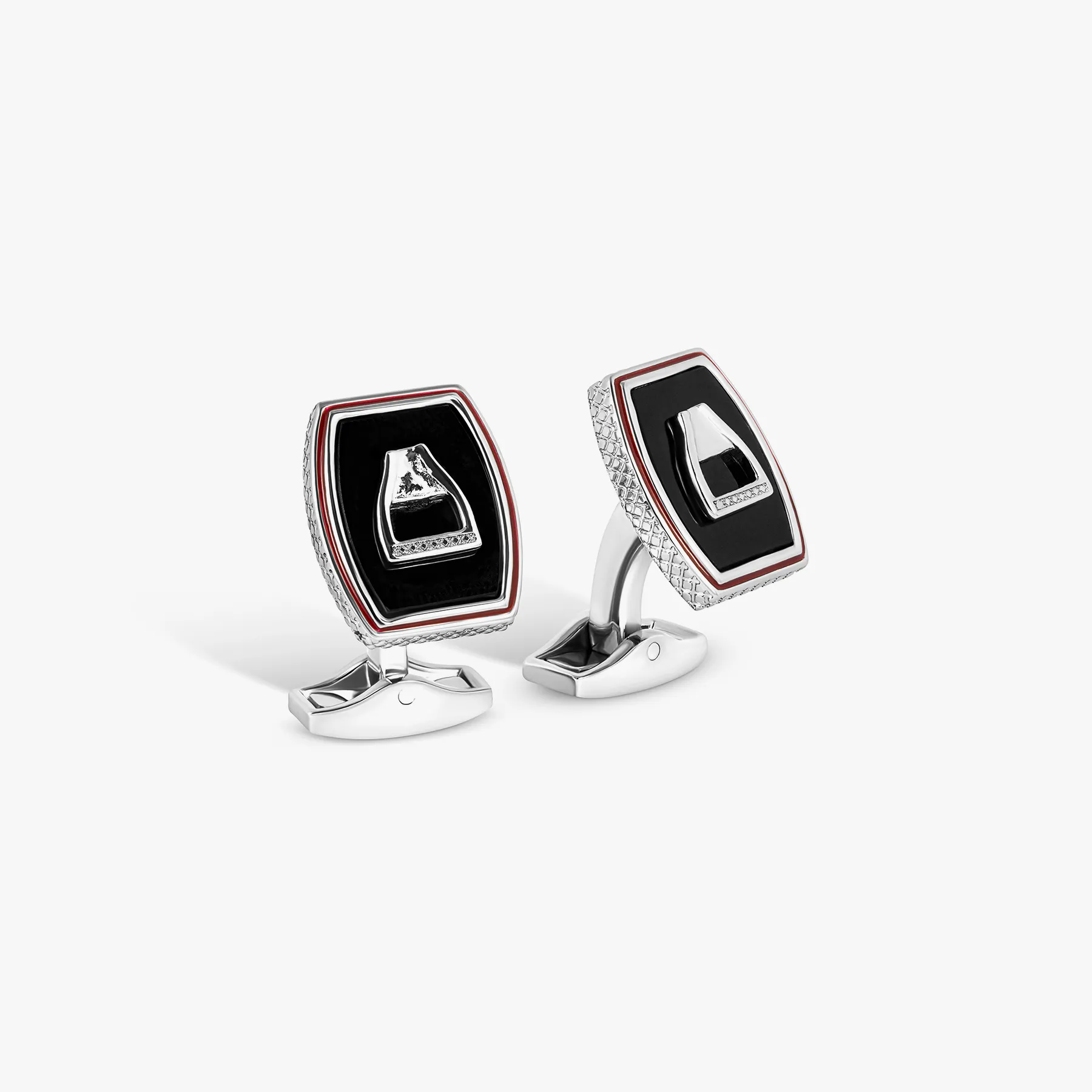 Ascot Stirrup Cufflinks in Palladium & Onyx sold by Tateossian