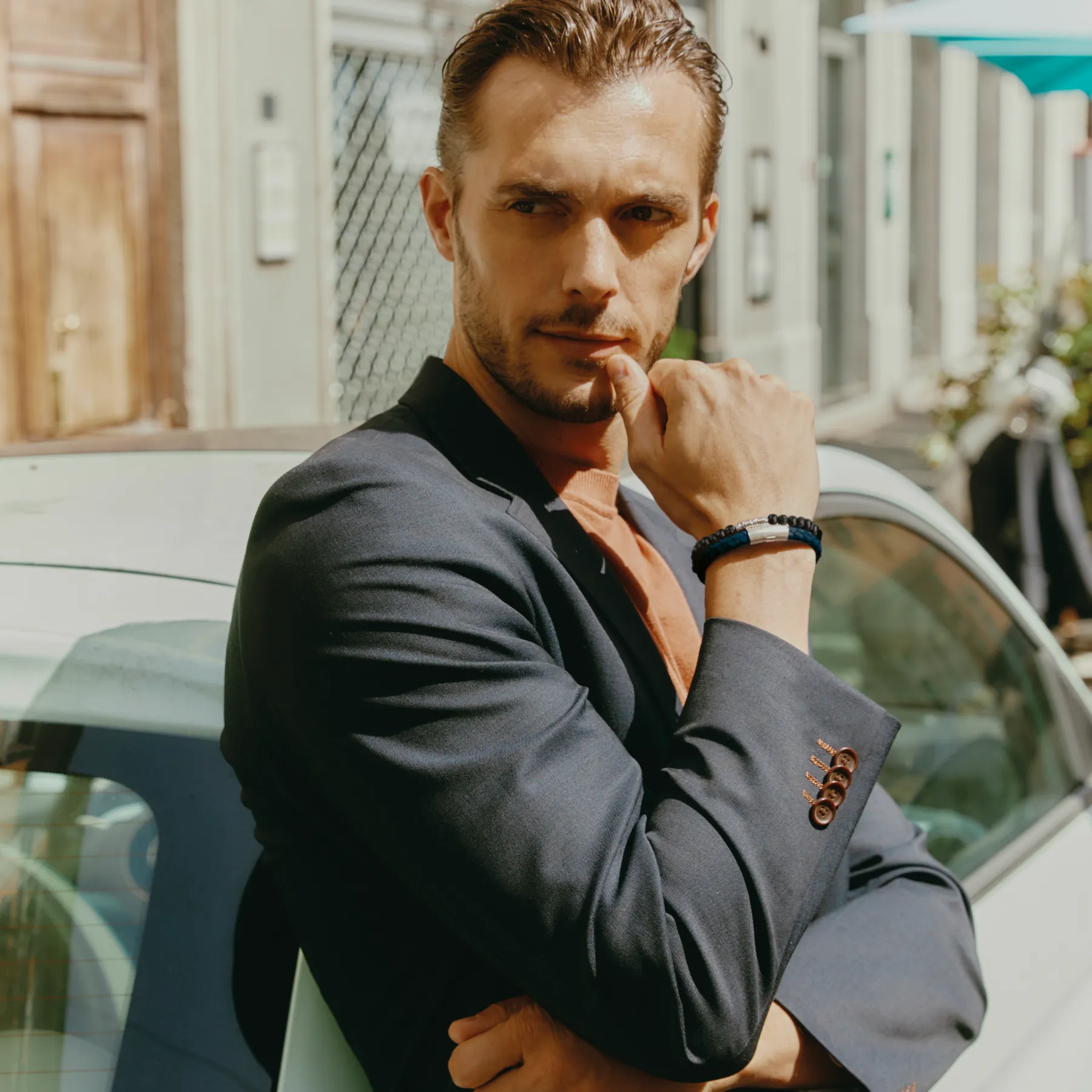 Giza Double Click Pelle Bracelet In Rhodium & Navy Leather sold by Tateossian product image thumbnail 2