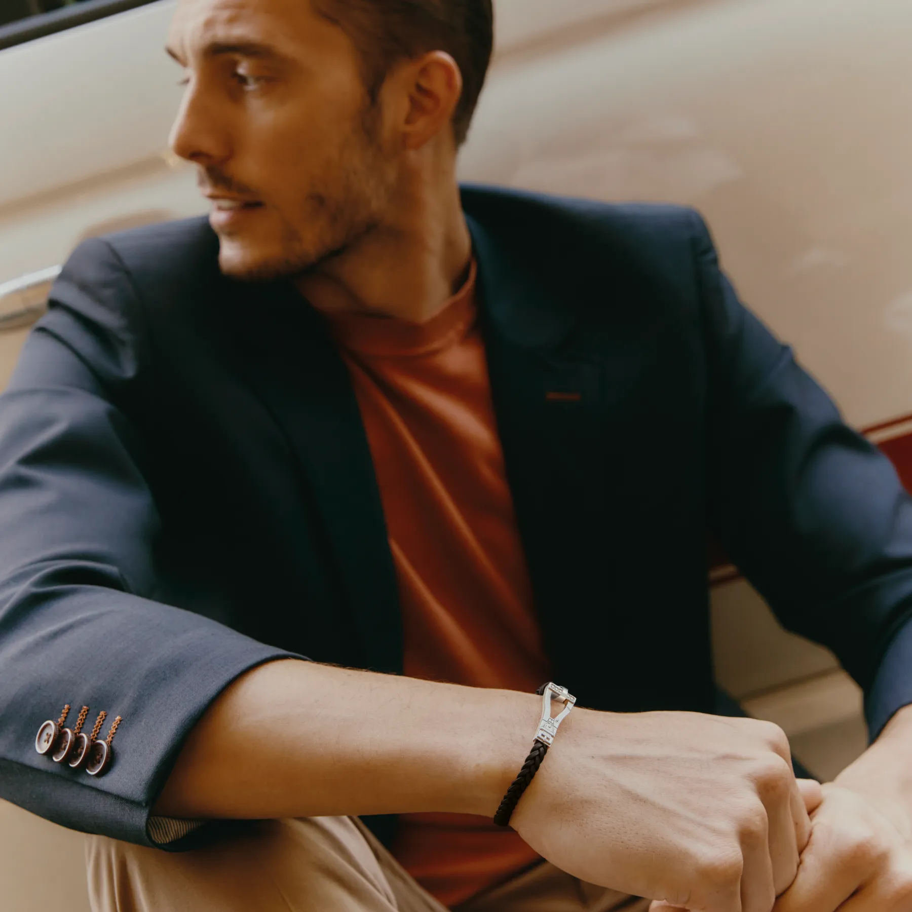 Ascot Bracelet In Rhodium & Black Leather sold by Tateossian product image thumbnail 2