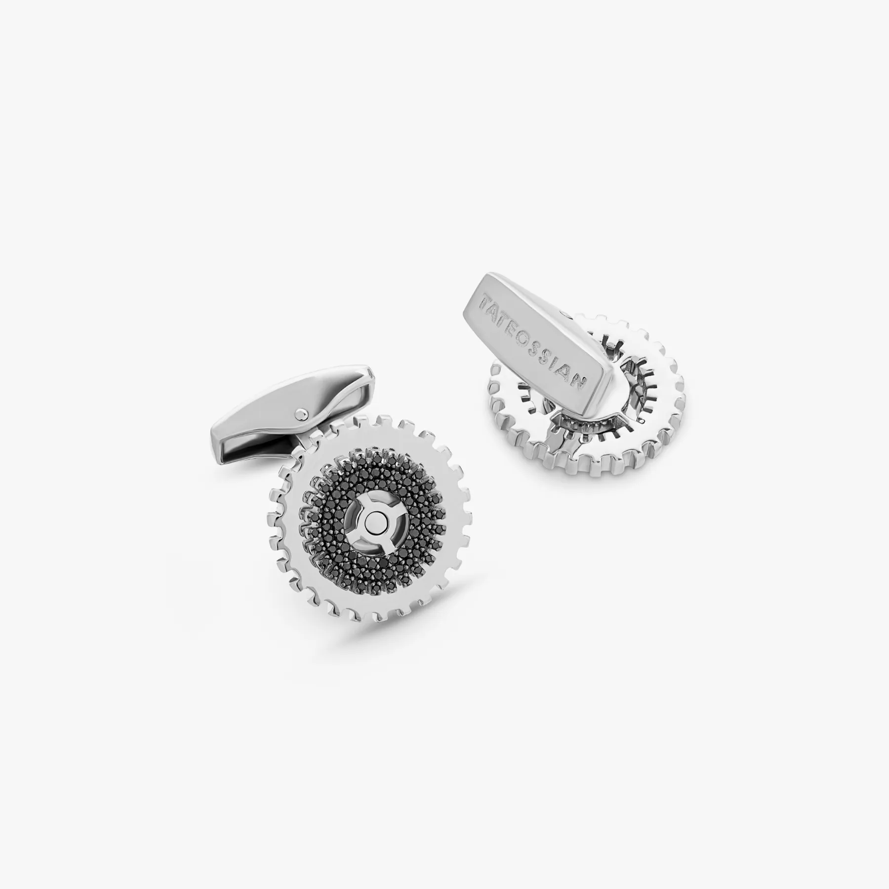 Rotating Gear cufflinks with black diamond in sterling silver sold by Tateossian product image thumbnail 4