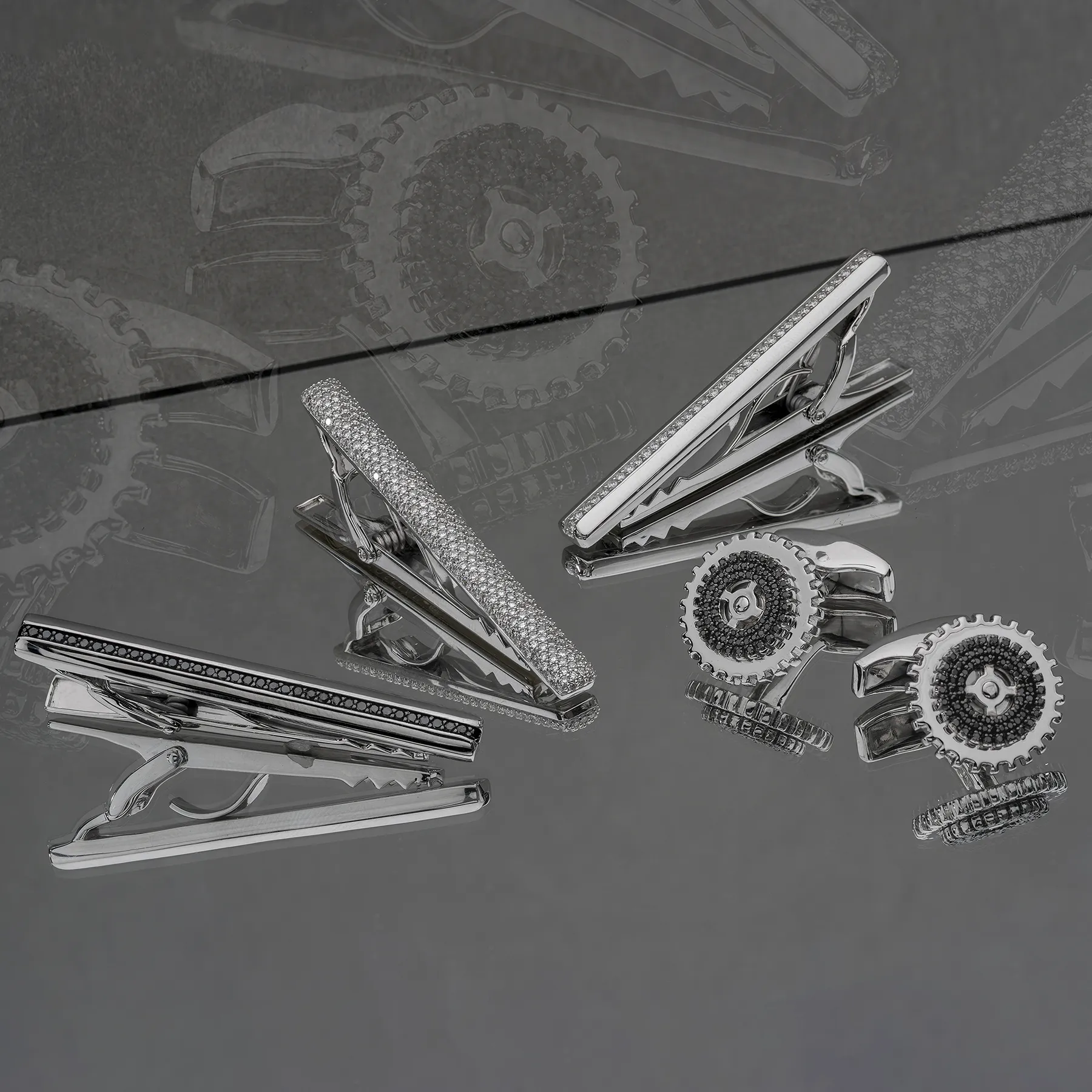 Rotating Gear cufflinks with black diamond in sterling silver sold by Tateossian product image thumbnail 2