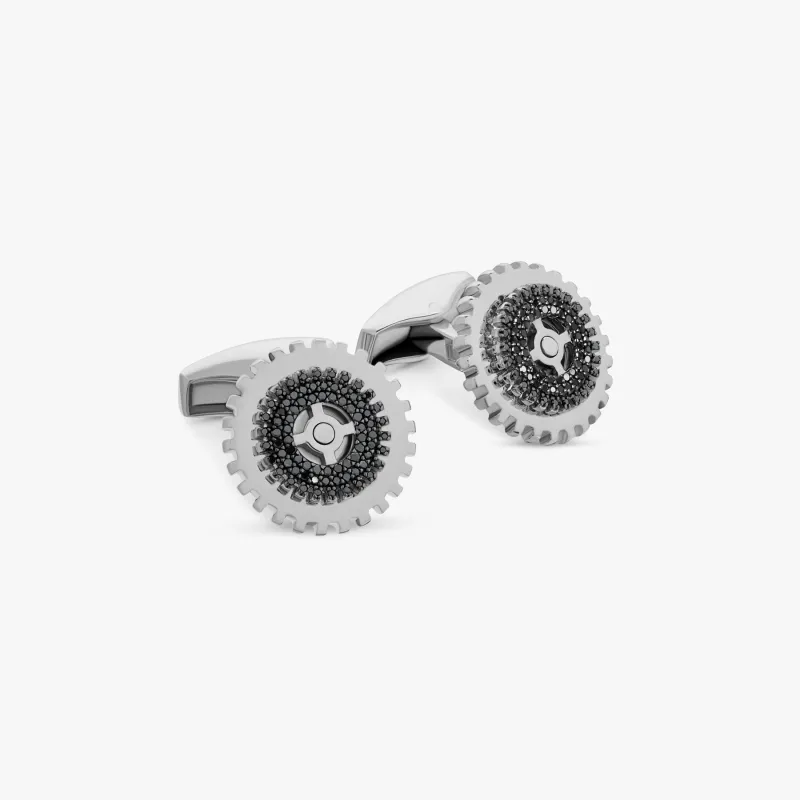 Rotating Gear cufflinks with black diamond in sterling silver sold by Tateossian