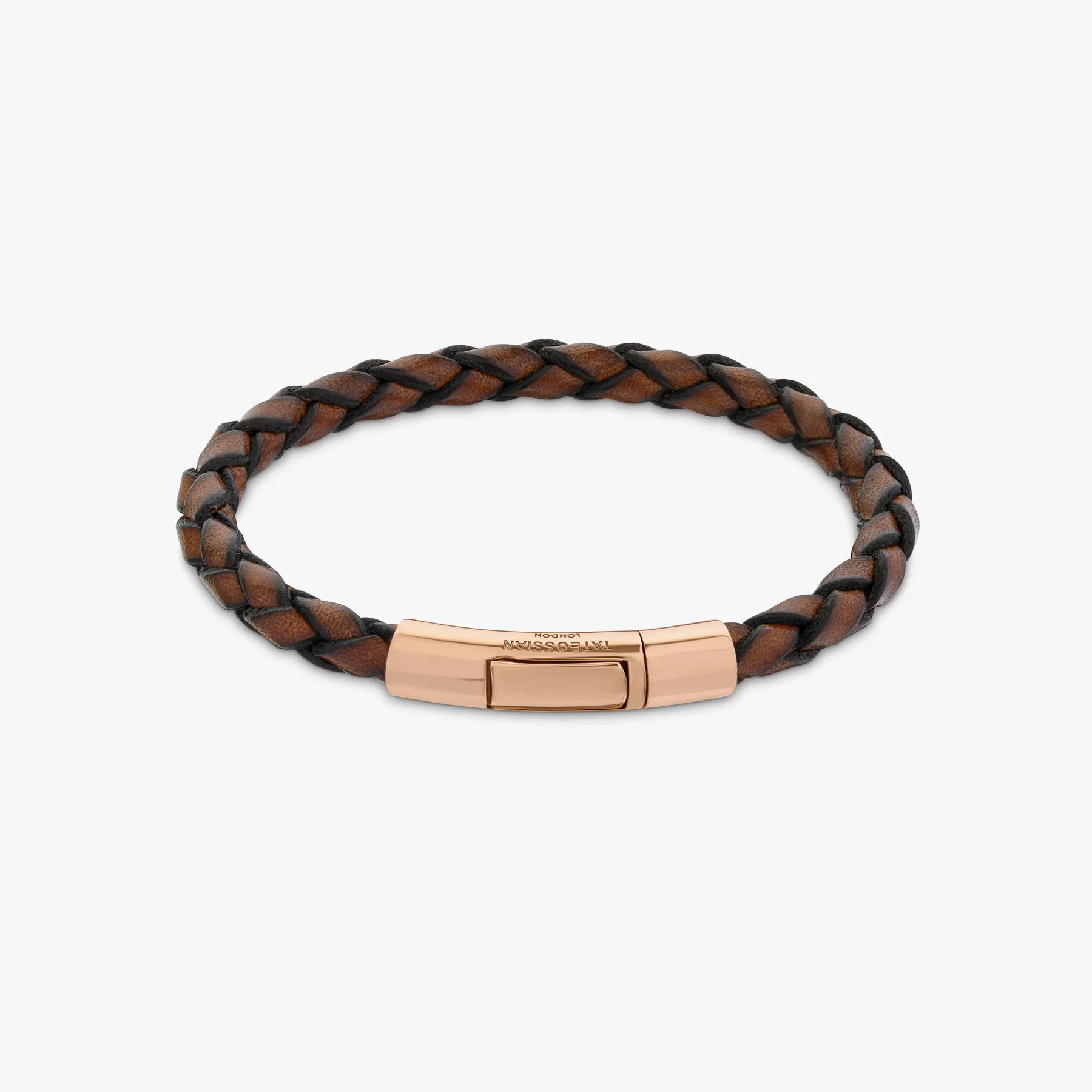 Tubo Scoubidou bracelet in tan leather with 18k rose gold sold by Tateossian