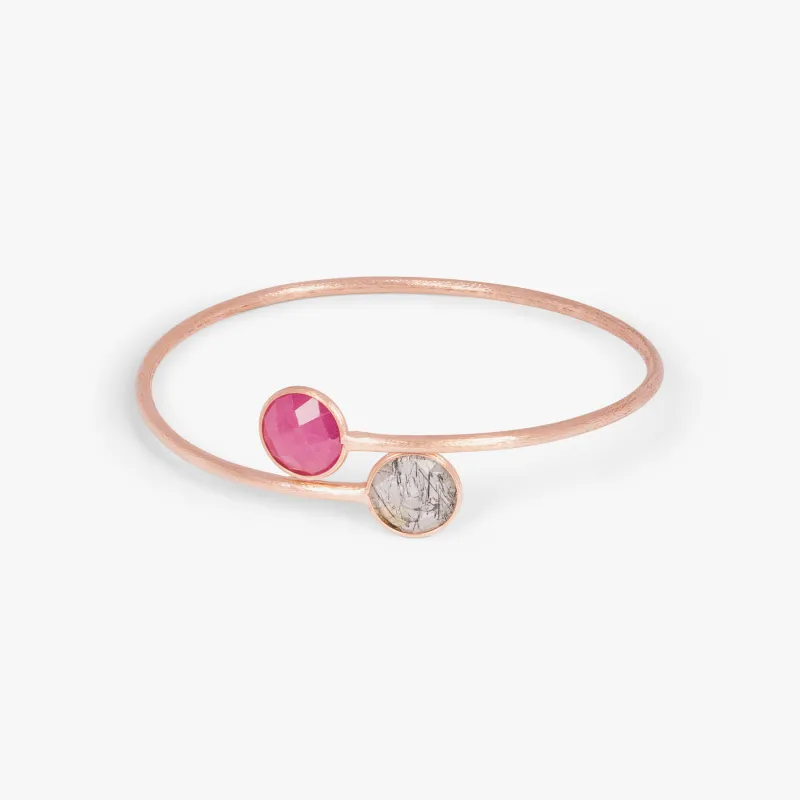 Kensington Bangle In 14K Satin Rose Gold with Black Rutilated Quartz and Ruby Root sold by Tateossian