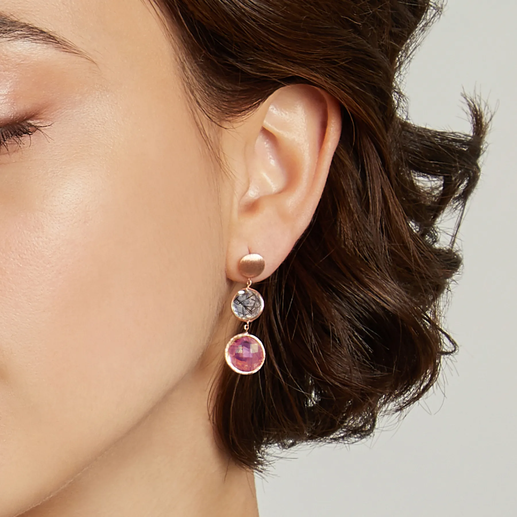 Kensington Drop Earrings In 14K Satin Rose Gold with Black Rutilated Quartz and Ruby Root sold by Tateossian product image thumbnail 3