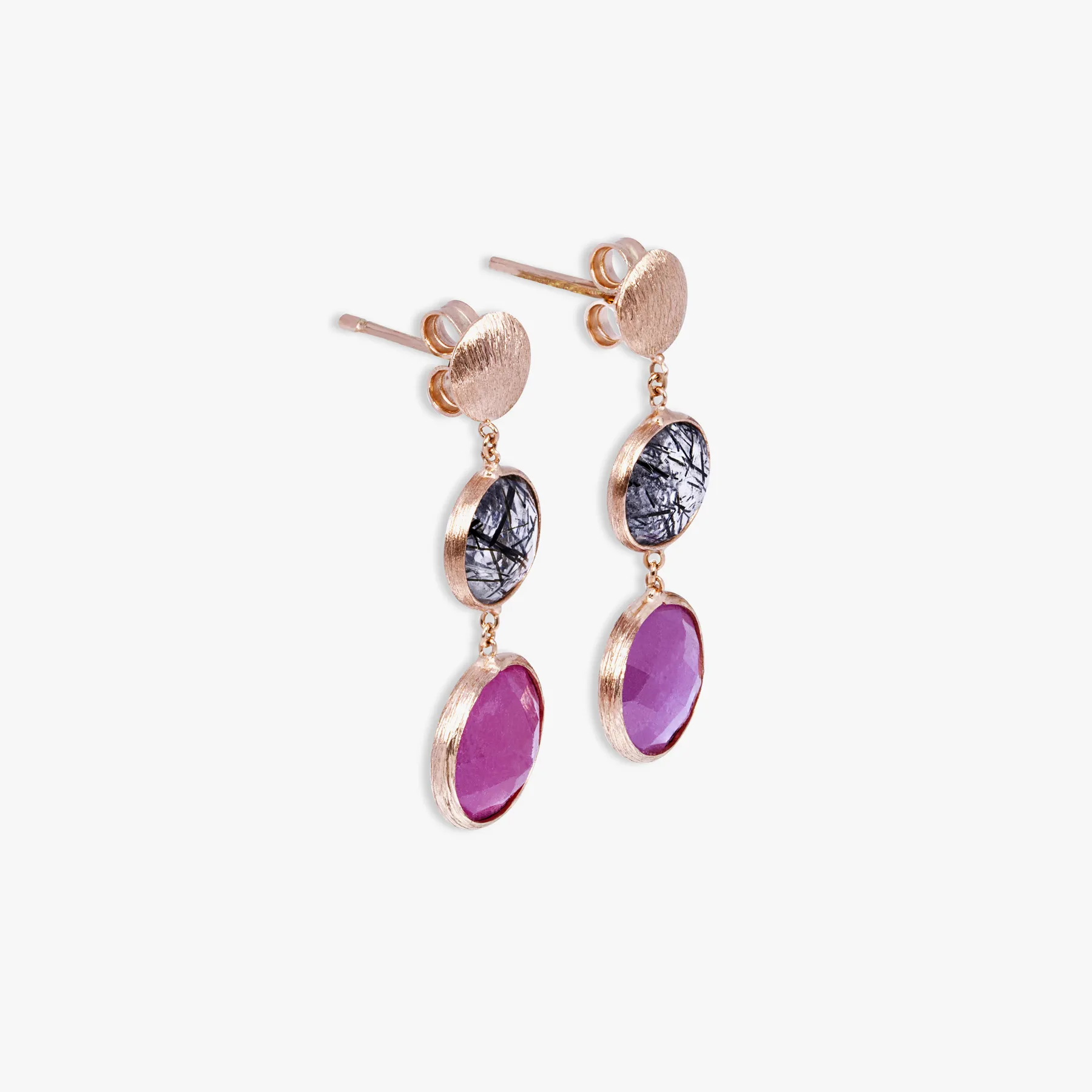 Kensington Drop Earrings In 14K Satin Rose Gold with Black Rutilated Quartz and Ruby Root sold by Tateossian product image thumbnail 2
