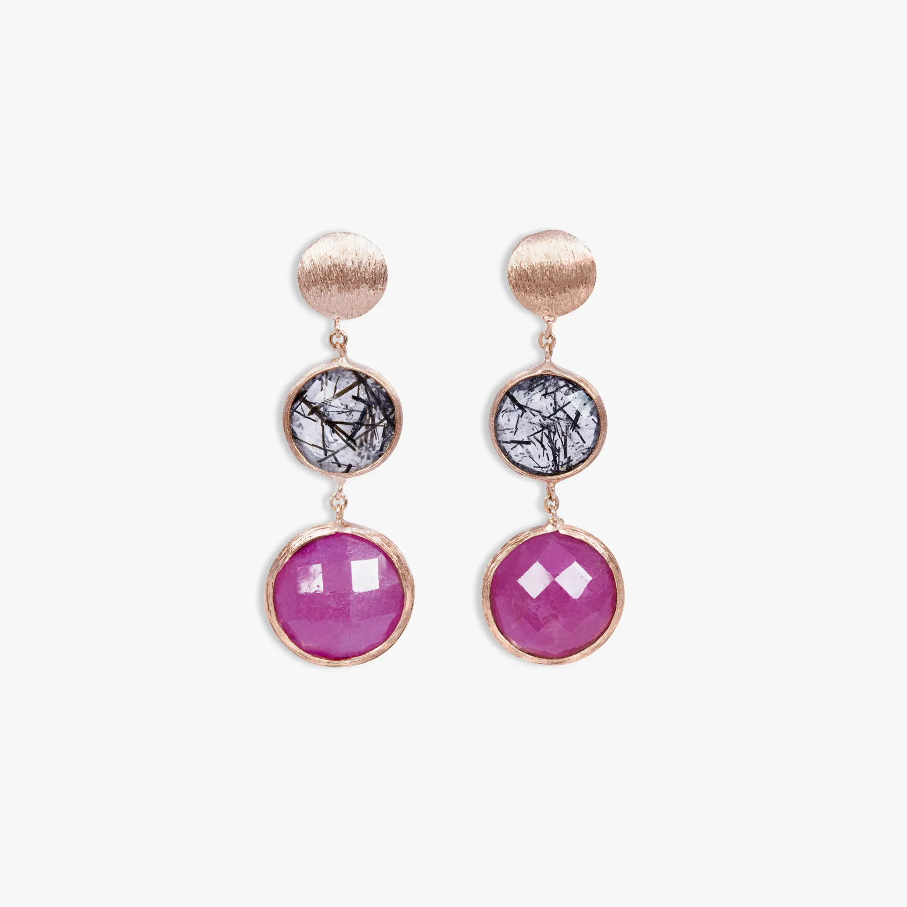 Kensington Drop Earrings In 14K Satin Rose Gold with Black Rutilated Quartz and Ruby Root sold by Tateossian