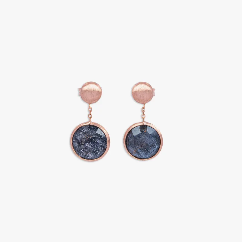 14K satin rose gold Kensington drop earrings with black rutilated quartz sold by Tateossian