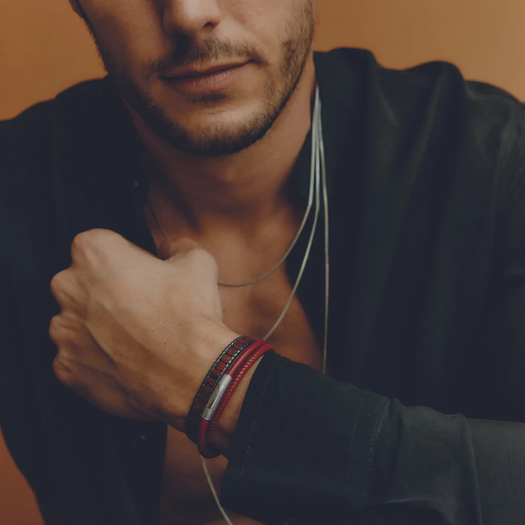 Mosaic Bracelet In IP Black Plating With Red Glass Beads sold by Tateossian product image thumbnail 4